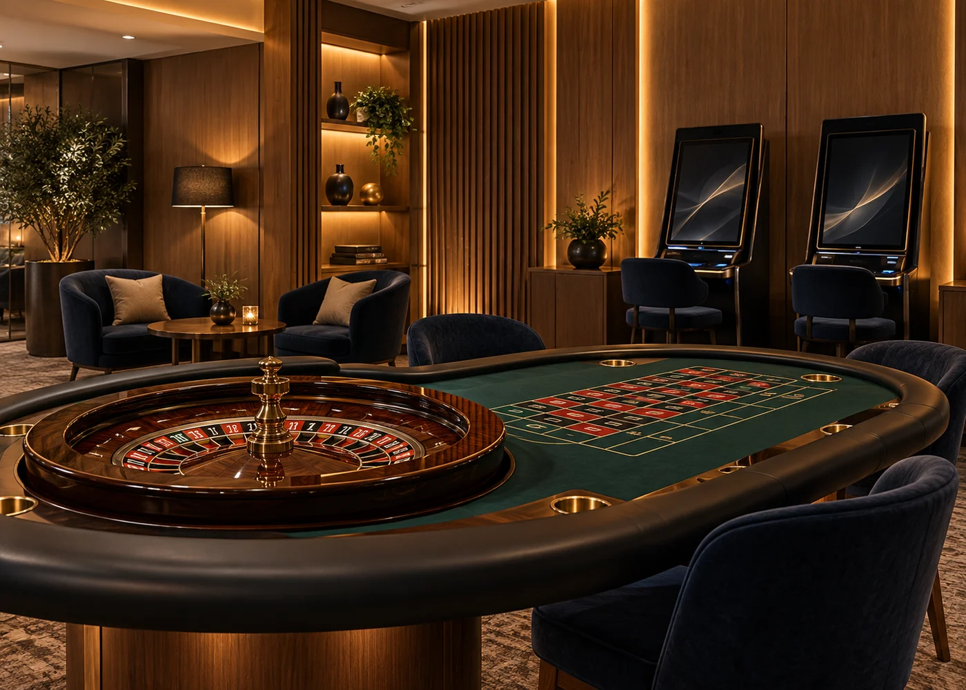 A Casino Lounge játéktere asztali játékkal és elektronikus játékhelyekkel