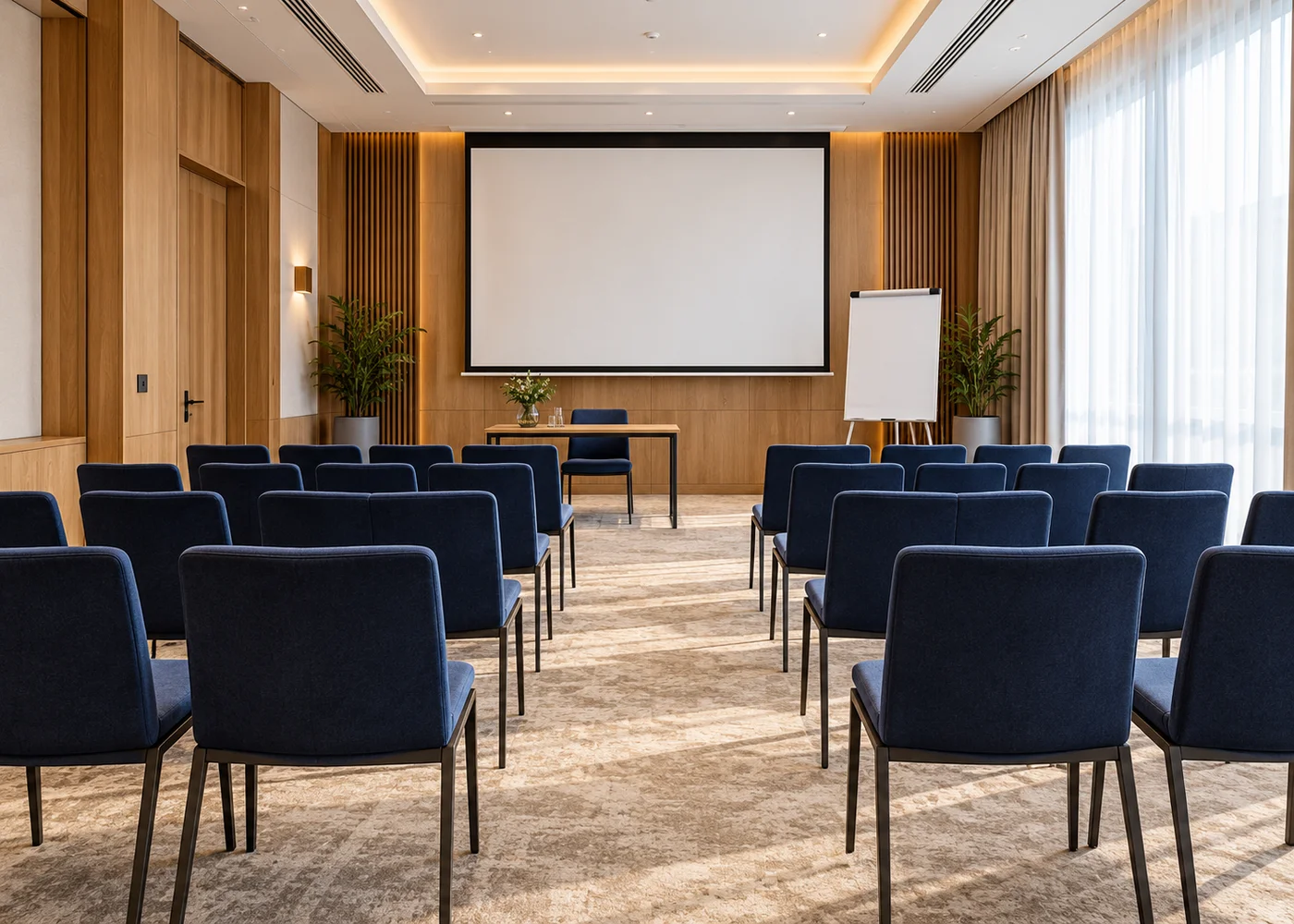 Konferenciaterem vetítővászonnal, kék székekkel és világos ablakokkal